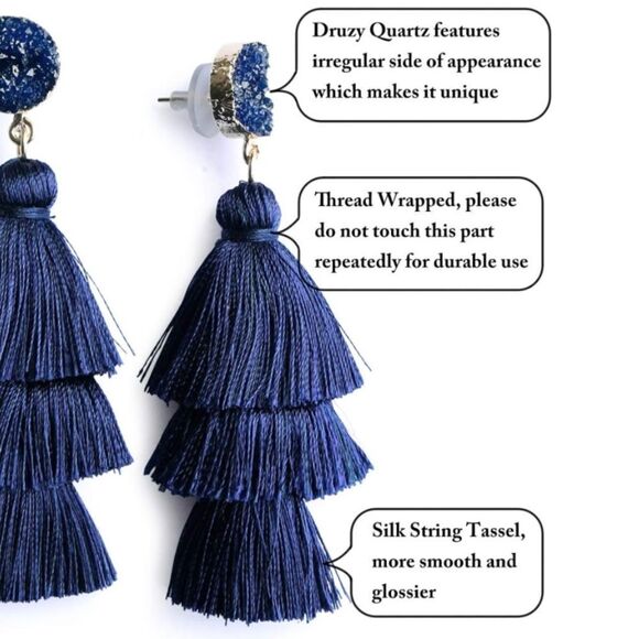 14K Yellow Gold with Burnt Orange Silk Thread Tassel and Quartz Druzy Earrings - Picture 7 of 9